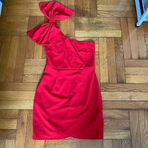 Mi Ami Elegant Scarlet Red One-Shoulder Dress - with Bow - Size M